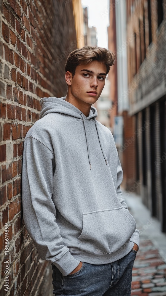 Obraz premium Young man in gray hoodie leaning against brick wall in urban alley