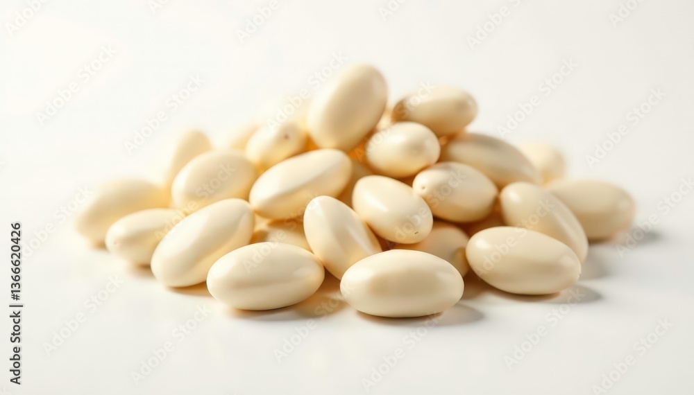 Close-up of a pile of white beans against a stark white backdrop, kitchen, legume Close-up of a pile of white beans against a stark white backdrop, kitchen, legume