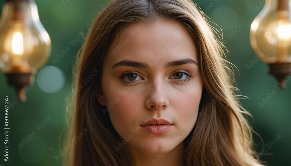 Young Woman with Brown Hair, Close-up Portrait with Lamps