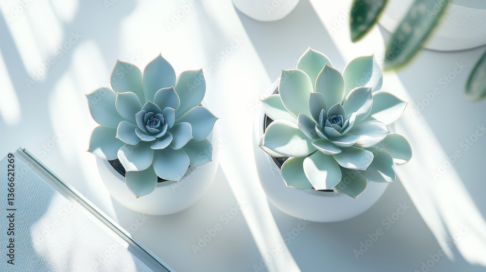 Modern lifestyle flatlay featuring two stylish succulents in pure white containers, carefully arranged on layered white books on a seamless white desk, shadows soft and clean Modern lifestyle flatlay featuring two stylish succulents in pure white containers, carefully arranged on layered white books on a seamless white desk, shadows soft and clean