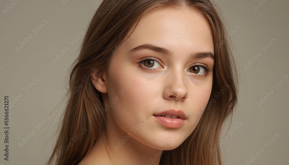 Young Woman with Brown Hair, Close-up Portrait