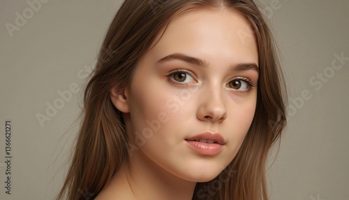 Obraz na płótnie Young Woman with Brown Hair, Close-up Portrait w salonie