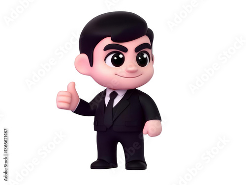 3D Cartoon Man Character in Black Suit with Thumb Up Gesture on Isolated Background