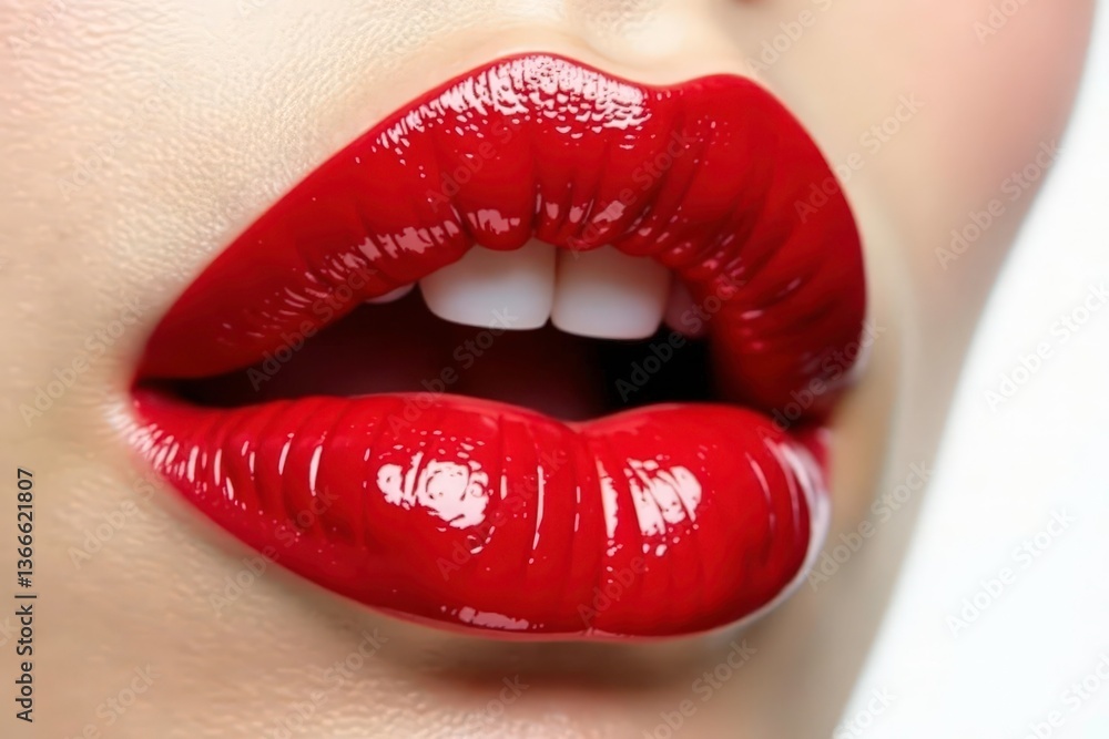 Obraz premium Close-up vibrant red lips, stark white backdrop, allure, lip gloss, temptation