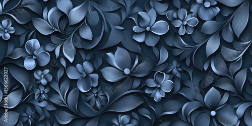 Stylized Floral Pattern with Deep Blue Shades and Elegant Detailing