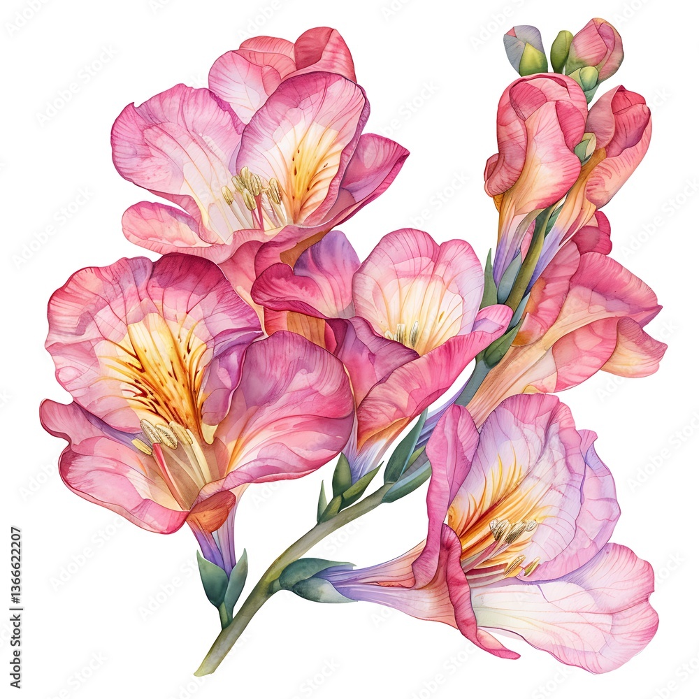 Fototapeta premium Watercolor Pink Freesia Isolated on White Background. Beautiful Freesia Flower