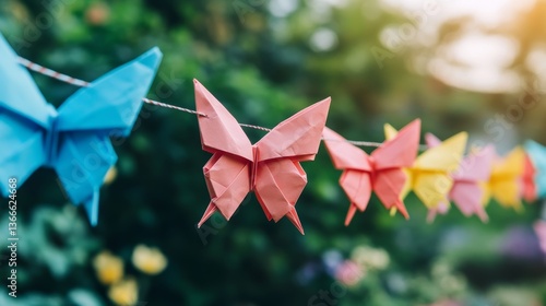 Colorful origami butterflies decoration at a garden party vibrant paper butterflies strung together adding a festive touch to the outdoor celebration with a blurred natural background 