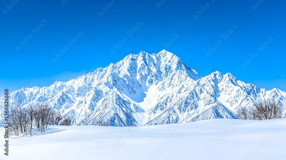 Fototapeta premium Majestic snow-capped mountain range under a vibrant blue sky, expansive snowy foreground