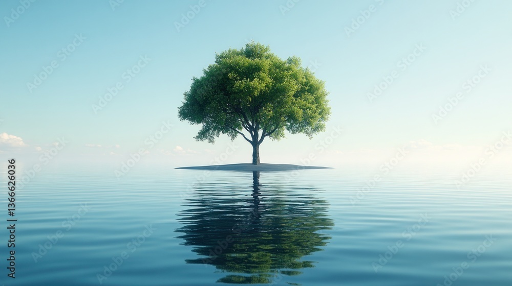 A tree's reflection in a glassy lake at dusk A tree's reflection in a glassy lake at dusk