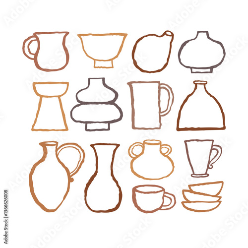 Collection of cute trendy crockery elements. Ink hand drawn line vector illustration on white background