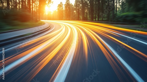 Golden light trails streak across a winding asphalt road surface