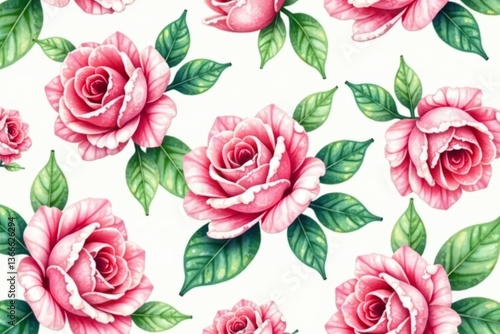 Wallpaper Mural Delicate watercolor rose blooms, lush green leaves, seamless repeat, seamless, background, design Torontodigital.ca