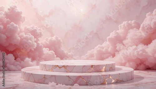 Pink and white wedding cake on wooden table with a vintage cloudy sky background