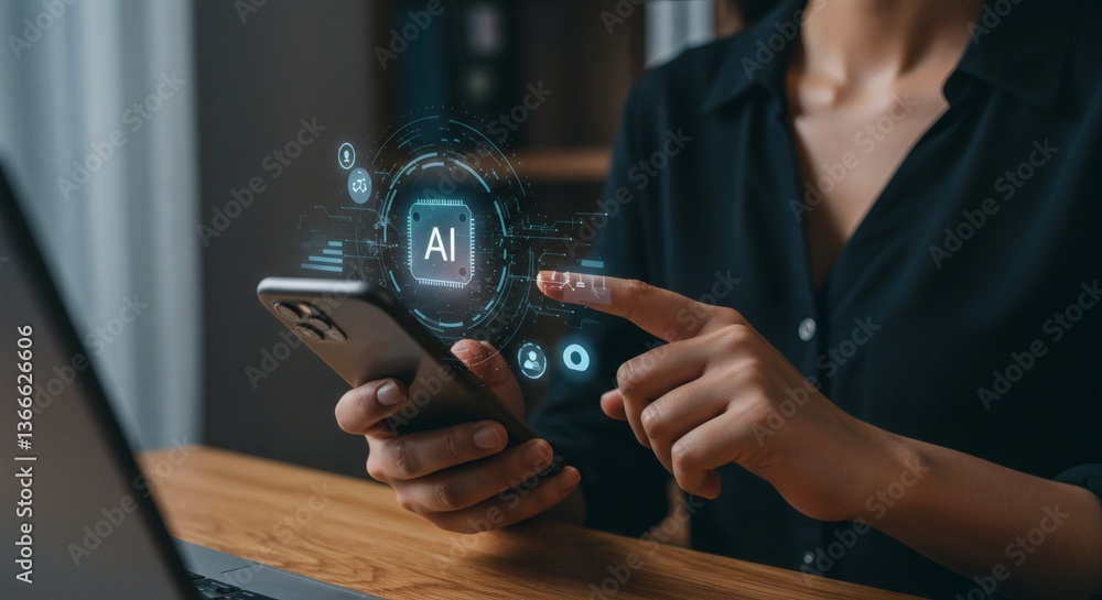 Naklejka premium A woman holding a smartphone and activating a voice assistant with a speech command. The digital interface is visible on the phone screen, highlighting AI technology. The image is in high resolution, 