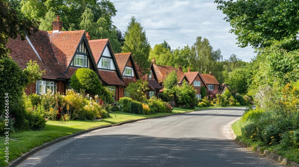 Naklejka premium Charming cottage road: Tree-lined street in a tranquil neighborhood 