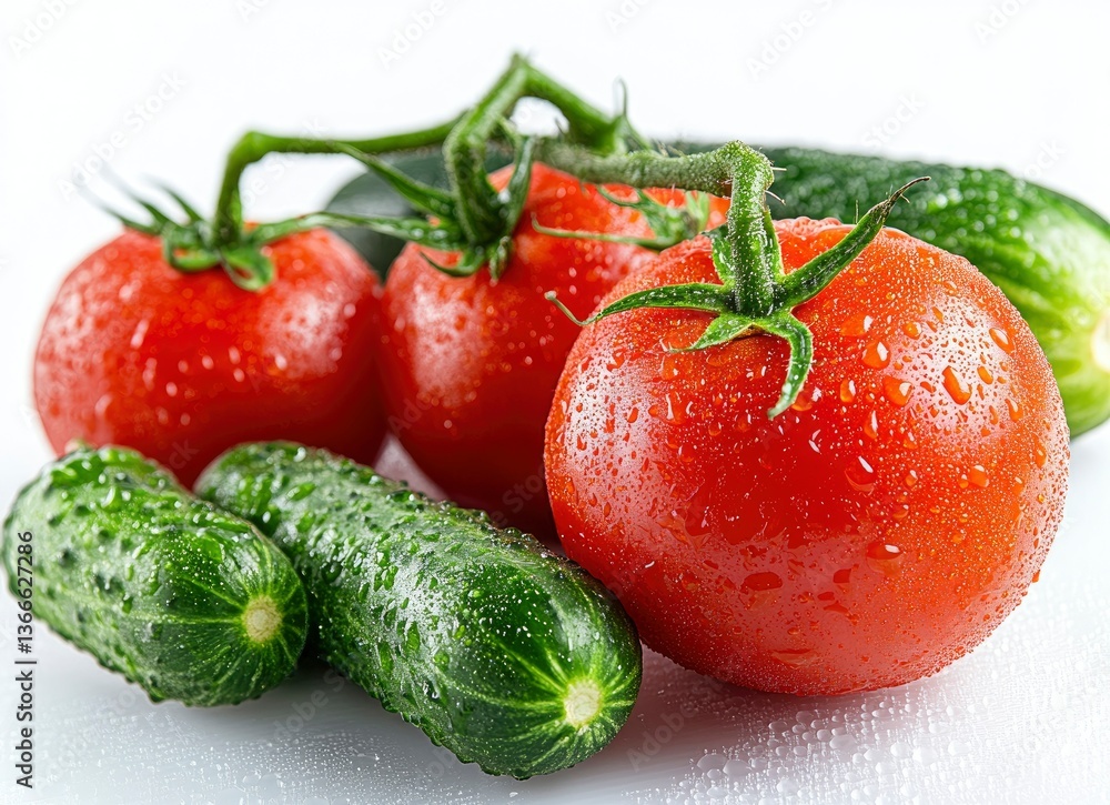 Fresh Tomatoes on Vine and Crisp Cucumbers with Water Droplets Fresh Tomatoes on Vine and Crisp Cucumbers with Water Droplets