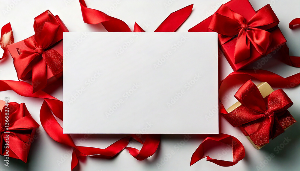 Gifts surround blank card. Red ribbon and wrapped presents create a border. Space for text or message. Holiday gifts. Festive background. White card for wishes. Celebration backdrop with copy space. Gifts surround blank card. Red ribbon and wrapped presents create a border. Space for text or message. Holiday gifts. Festive background. White card for wishes. Celebration backdrop with copy space.