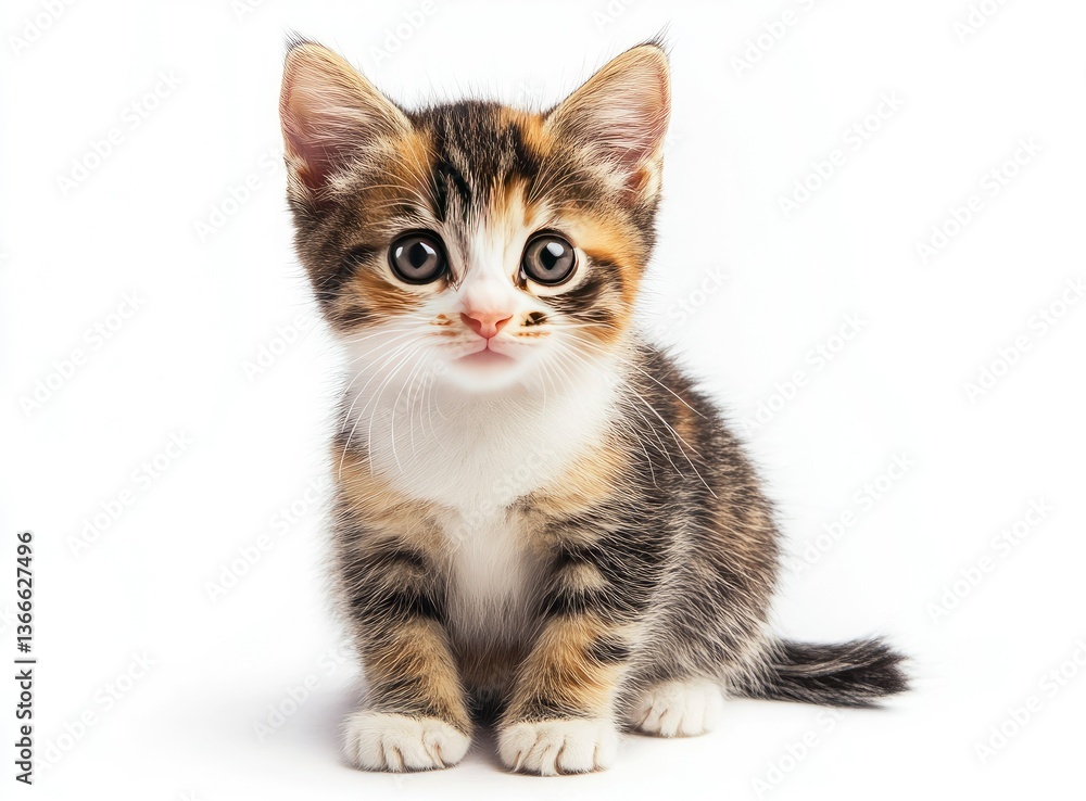 Cute Calico Kitten Sitting Looking Up with Innocent Eyes Isolated Cute Calico Kitten Sitting Looking Up with Innocent Eyes Isolated