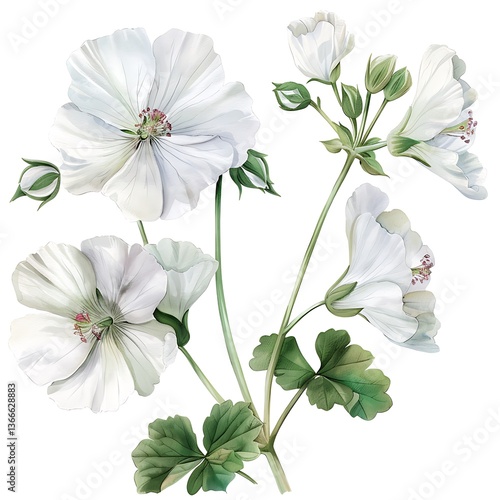 Watercolor White Geranium Isolated on White Background. Beautiful Geranium Flower