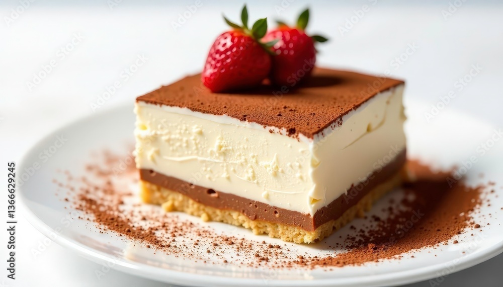 Elegant tiramisu, rich cocoa dusting, white backdrop , coffee, food photography, mascarpone Elegant tiramisu, rich cocoa dusting, white backdrop , coffee, food photography, mascarpone