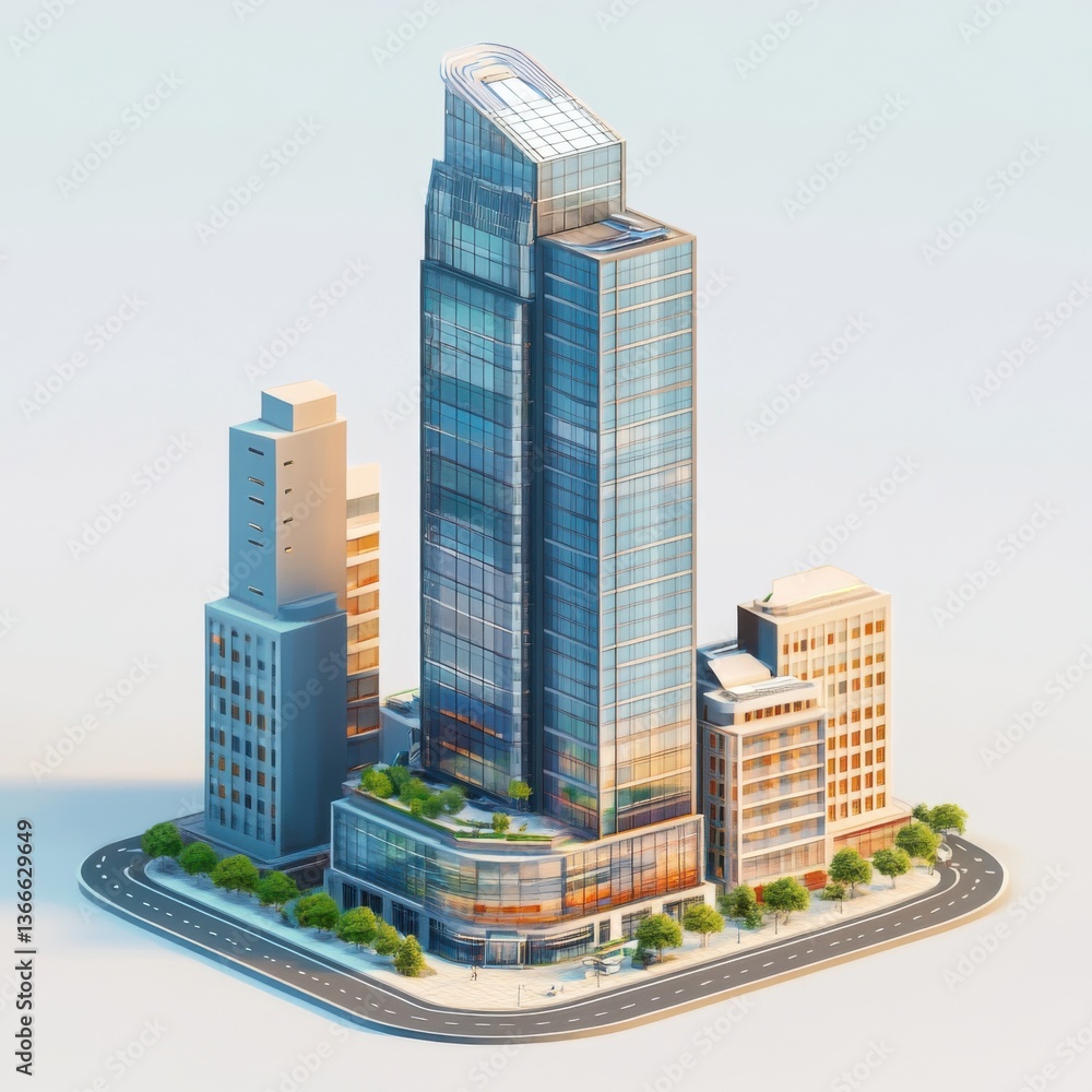 Fototapeta premium Modern Architectural Skyscraper with Glass Facade and Cityscape