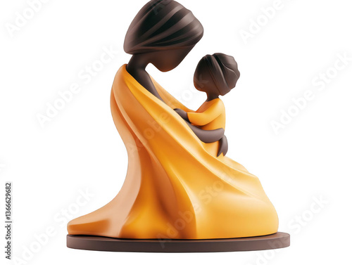 3D Illustration Of A Mother And Child Sculpture In Yellow And Orange Isolated Background