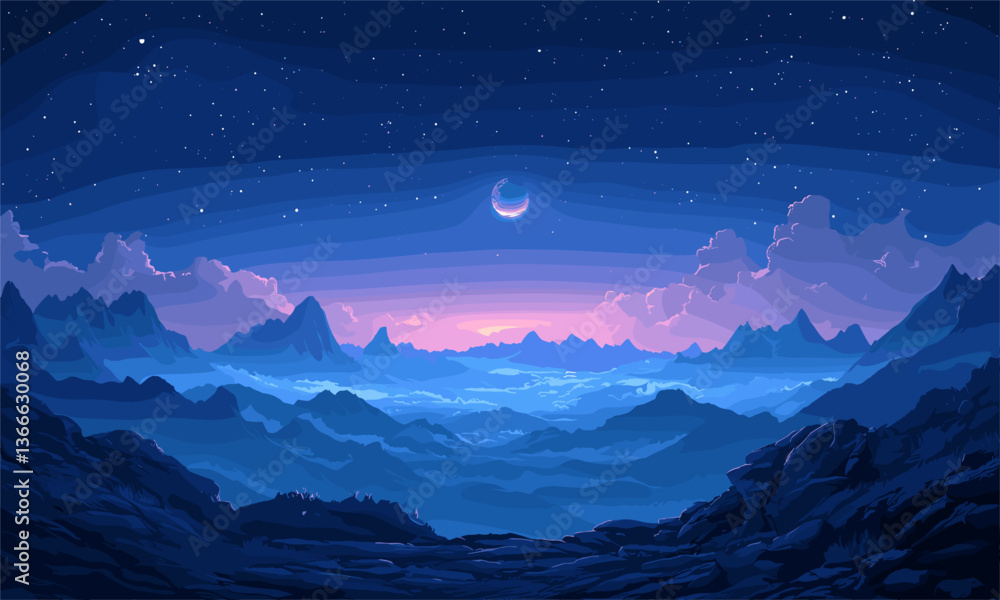 Majestic night sky over mountain range with crescent moon and stars - vector Majestic night sky over mountain range with crescent moon and stars - vector
