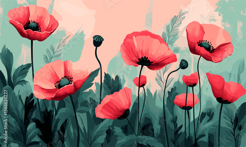 Vibrant red poppies in a lush green field with a soft peach background - vector