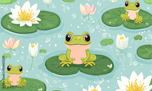 Cute frogs on lily pads amidst blooming water lilies in a pond - vector
