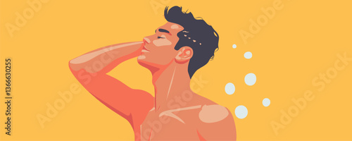 Relaxed man enjoying shower against yellow background - vector art