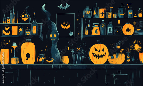 Spooky halloween bar with pumpkin decorations and potions - vector