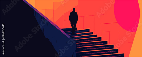 Silhouetted man ascending stairs with vibrant red sun and abstract background, vector