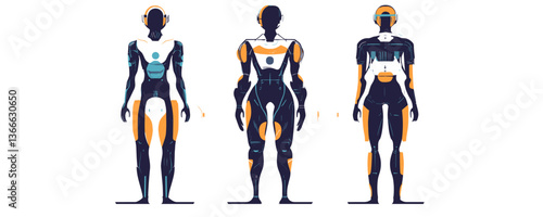 Futuristic cyborg trio in full body armor with geometric patterns - vector