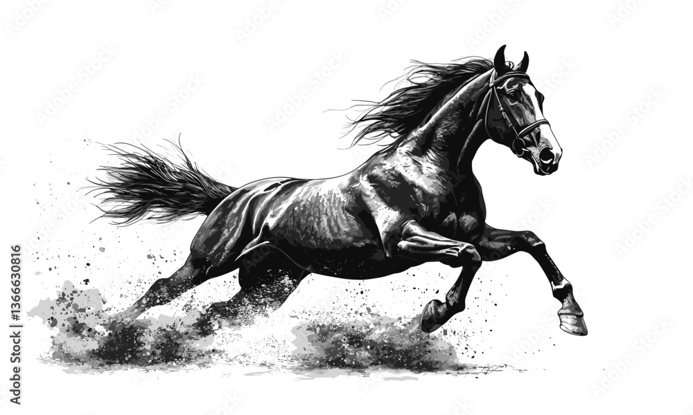 Dynamic black stallion running with dust trail in monochrome vector Dynamic black stallion running with dust trail in monochrome vector