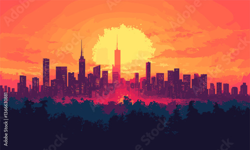 Vibrant urban sunset scene with silhouetted city skyline and forest vector