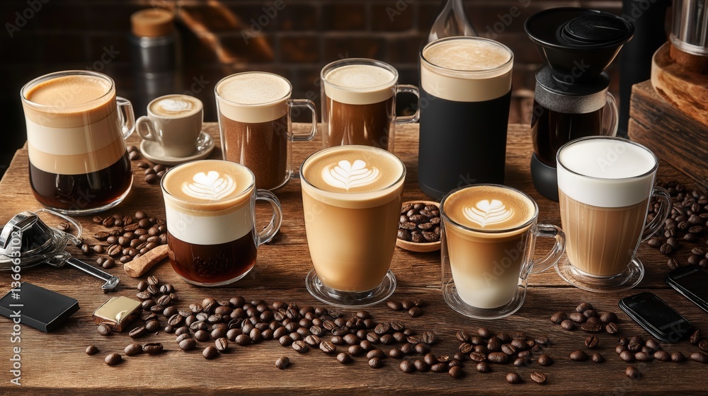 Artful arrangement of coffee drinks in glass mugs on rustic wooden table with coffee beans Artful arrangement of coffee drinks in glass mugs on rustic wooden table with coffee beans