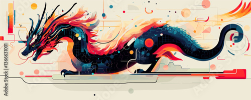 Abstract futuristic dragon with geometric patterns and vibrant colors - vector