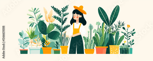 Woman with hat tending colorful houseplants in pots - vector art
