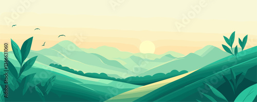 Sunrise over rolling hills with birds and foliage - nature landscape vector