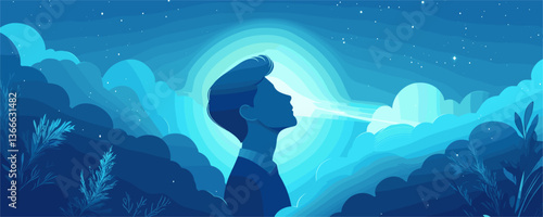 Silhouetted man gazing at starry night sky amidst clouds, conceptual art vector