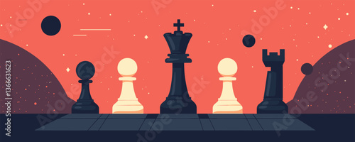 Abstract chess landscape with celestial background - vector