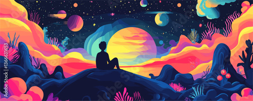 Dreamy cosmic landscape with contemplative figure and vibrant colors - vector