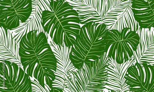 Tropical leaf pattern background with green monstera and palm leaves - vector