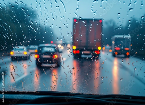 Driving in Heavy Rain View Through Windshield with Car and Truck