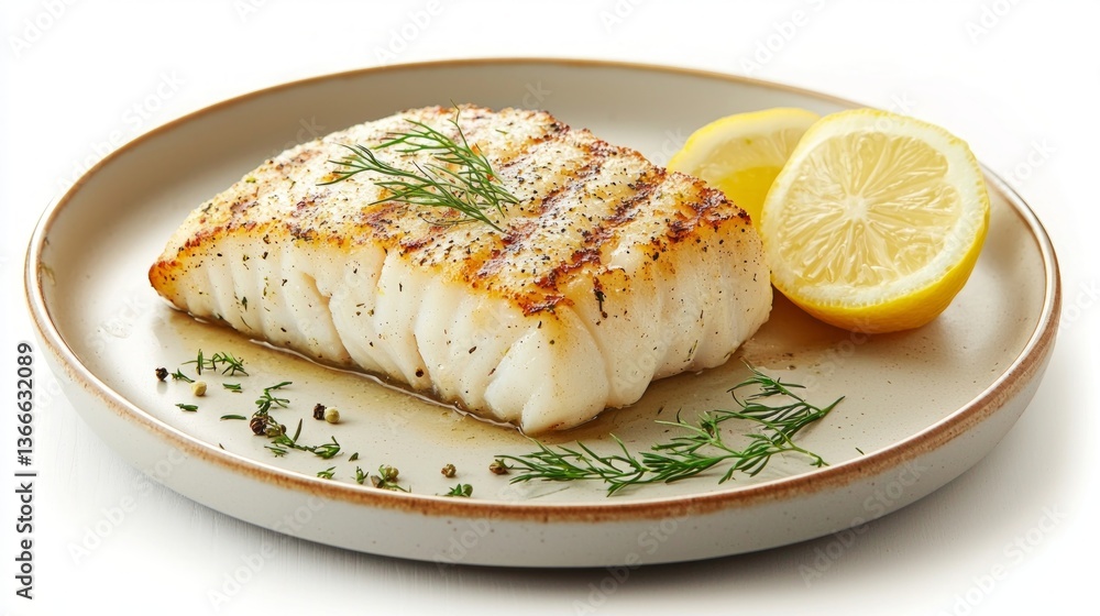 Grilled cod fillets garnished with lemon and dill , seasoned with salt and pepper, on a A clean plate, pescatarian Grilled cod fillets garnished with lemon and dill , seasoned with salt and pepper, on a A clean plate, pescatarian