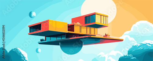 Futuristic floating house with geometric design against sky - vector