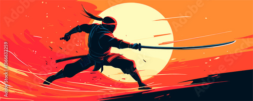 Silhouetted ninja warrior with sword against fiery sunset background vector