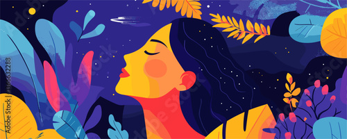 Colorful dreamlike woman in nature with plants and night sky - vector