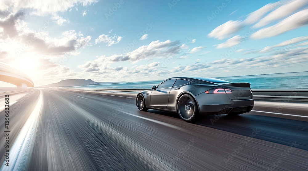 Driving Luxury Electric Car Fast on Coastal Highway with Ocean View Driving Luxury Electric Car Fast on Coastal Highway with Ocean View