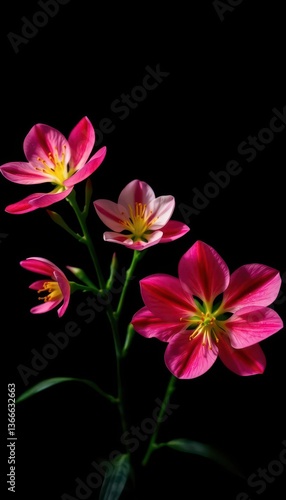 Dark spring blooms against a black backdrop, vibrant petals contrasting starkly, season, beauty